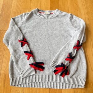 Boden Angelica Sweater Gray W/Red & Blue Ties On Sleeves Knit Crewneck Large